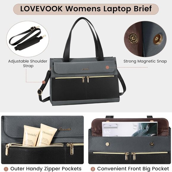 Laptop Tote for Women - 15.6 Inch Professional Leather Computer Briefcase - Wate - Picture 5 of 8